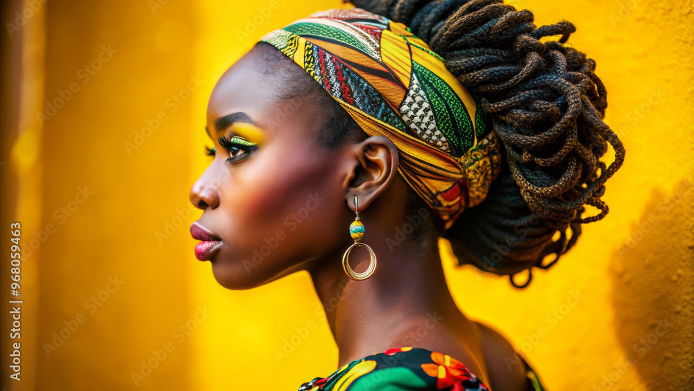 Naklejka premium A side view of beautiful African young woman with vibrant makeup and colorful headscarf, exuding confidence and grace. warm yellow background enhances her striking features
