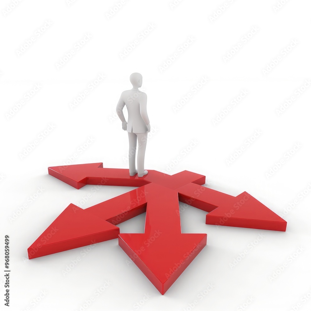 3D render of a person standing on a red arrow pointing in different directions, against a white background 3D render of a person standing on a red arrow pointing in different directions, against a white background