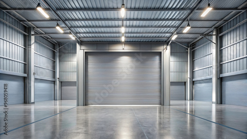 A spacious factory interior featuring roller doors and modern design. well lit space showcases clean, industrial aesthetic, perfect for various storage or operational needs