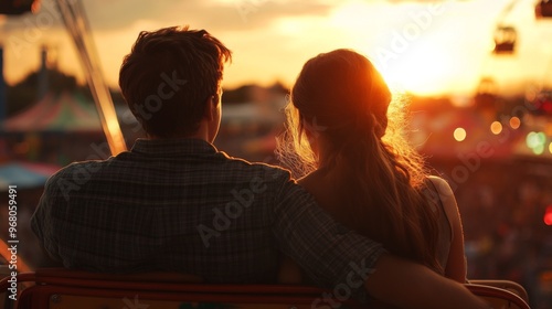 Couple Silhouetted Against a Sunset at an Amusement Park photo