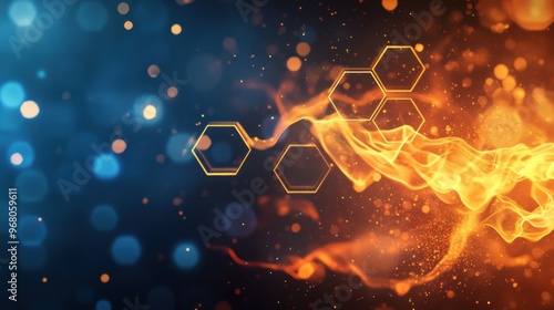 Vibrant abstract background with orange flames on a blue backdrop and geometric patterns