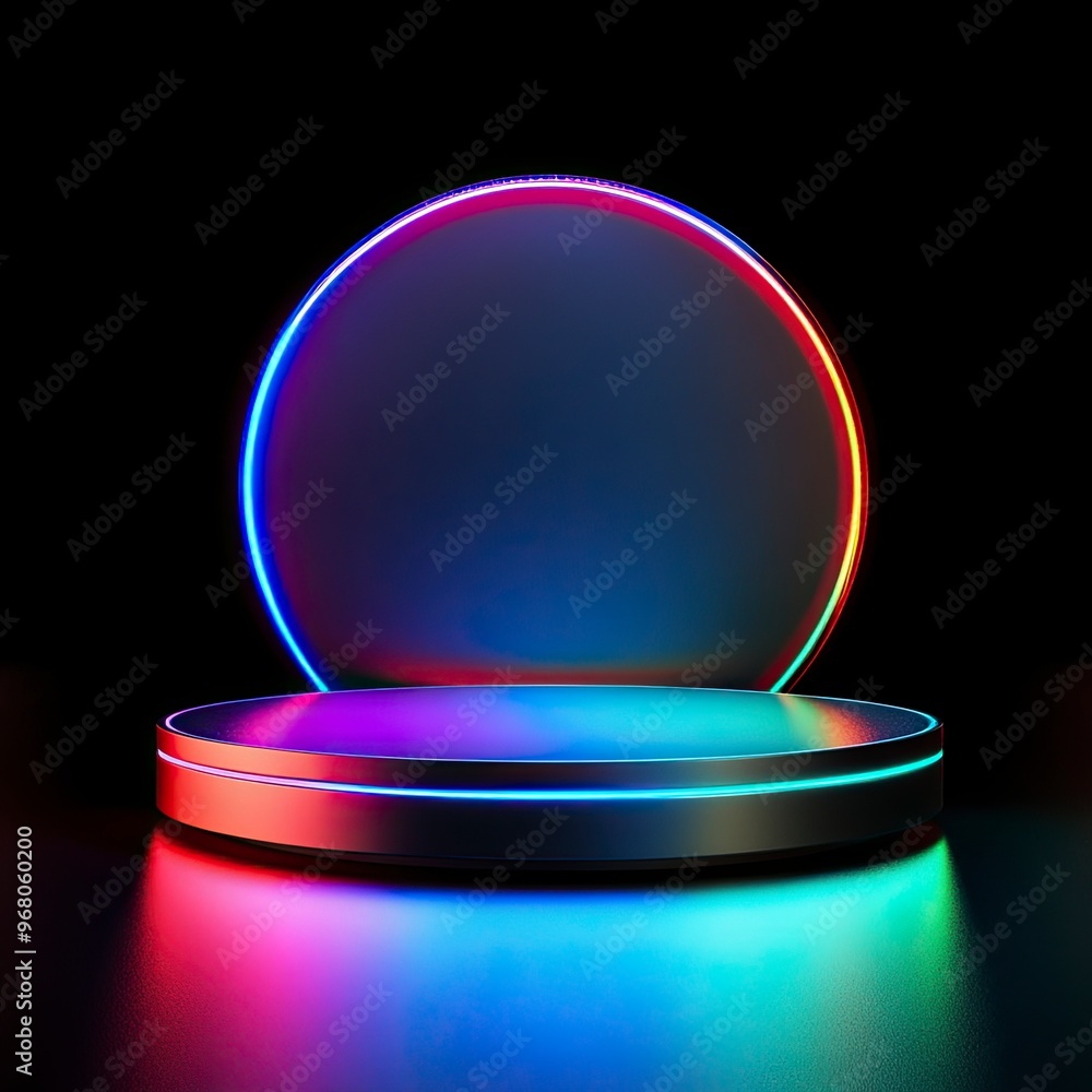 Holographic podium with changing lights, giving a futuristic and dynamic effect to the product presentation. generative ai Holographic podium with changing lights, giving a futuristic and dynamic effect to the product presentation. generative ai