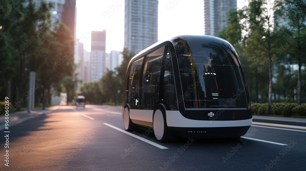 Fototapeta premium Autonomous Electric Bus Driving on City Street at Sunset