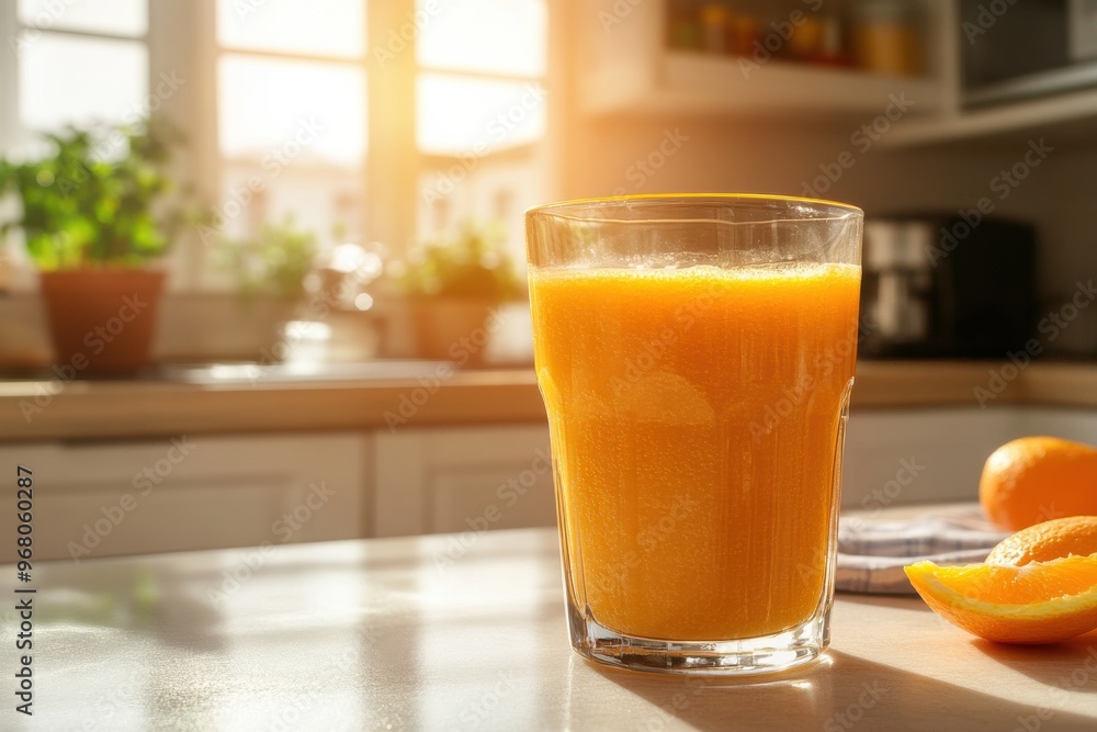 Refreshing Orange Juice in Sunlit Kitchen Refreshing Orange Juice in Sunlit Kitchen