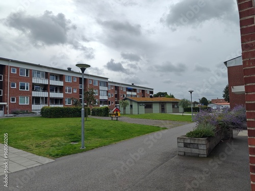 Comfortable and cozy courtyard of a typical residential complex in Sweden