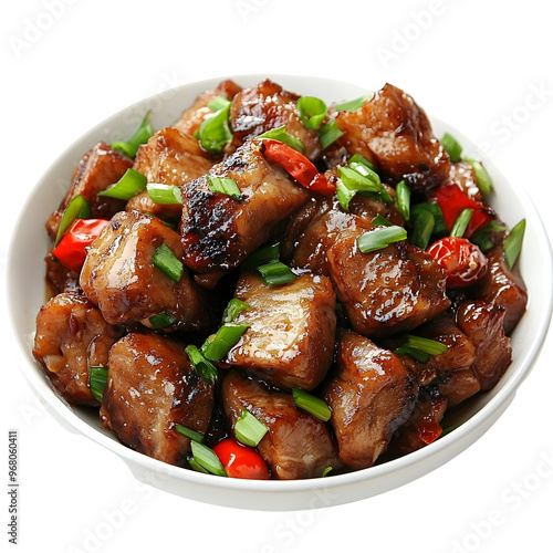 Photography of Mouthwatering Chinese Twice-Cooked Pork Dish Isolated on Plain White Background