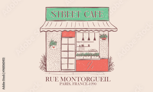 Street cafe graphic print design  for t shirt, apparel, posters, background and others. Paris city cafe artwork.