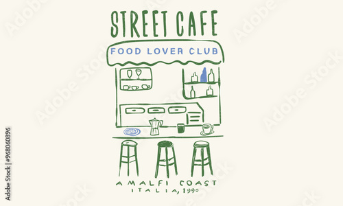 Street cafe abstract art design. Best food in Europe. Street cafe graphic print design  for t shirt, apparel, posters, background and others. Italy local food artwork.