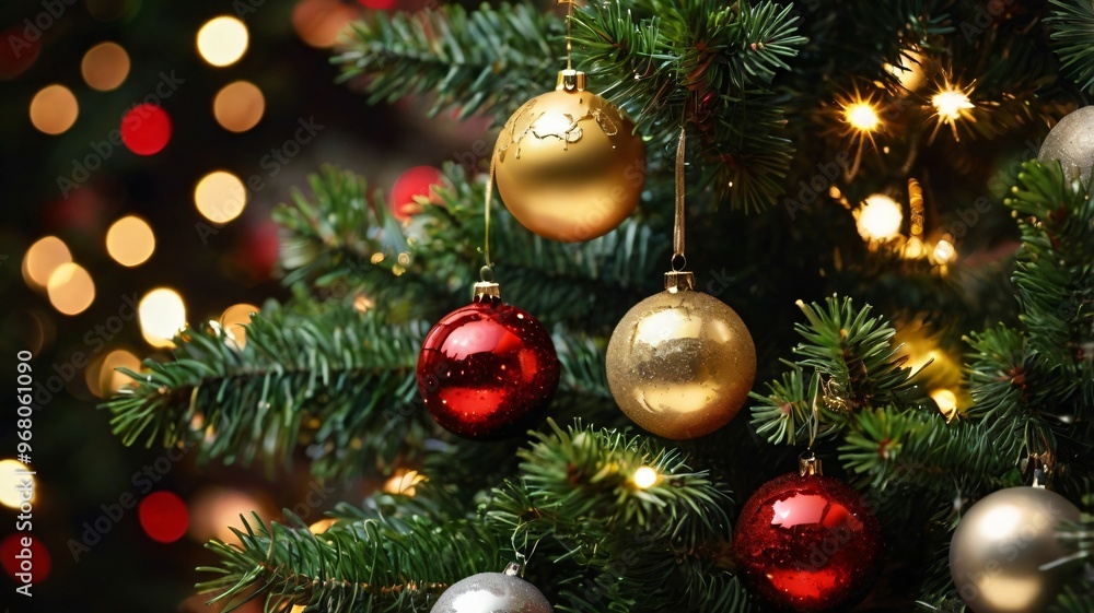 Festive Christmas Tree with Baubles and Blurred Lights, Ai Generated Images Festive Christmas Tree with Baubles and Blurred Lights, Ai Generated Images