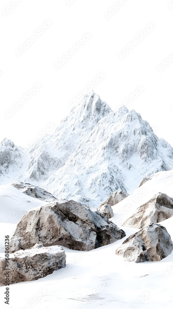 Obraz premium Snowy mountains surrounded by rocks, with some snow on the peaks and rocks covered in a white powder