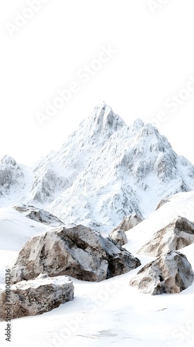 Snowy mountains surrounded by rocks, with some snow on the peaks and rocks covered in a white powder