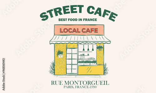 Best food in France. Street cafe graphic print design  for t shirt, apparel, posters, background and others. Paris local food artwork.