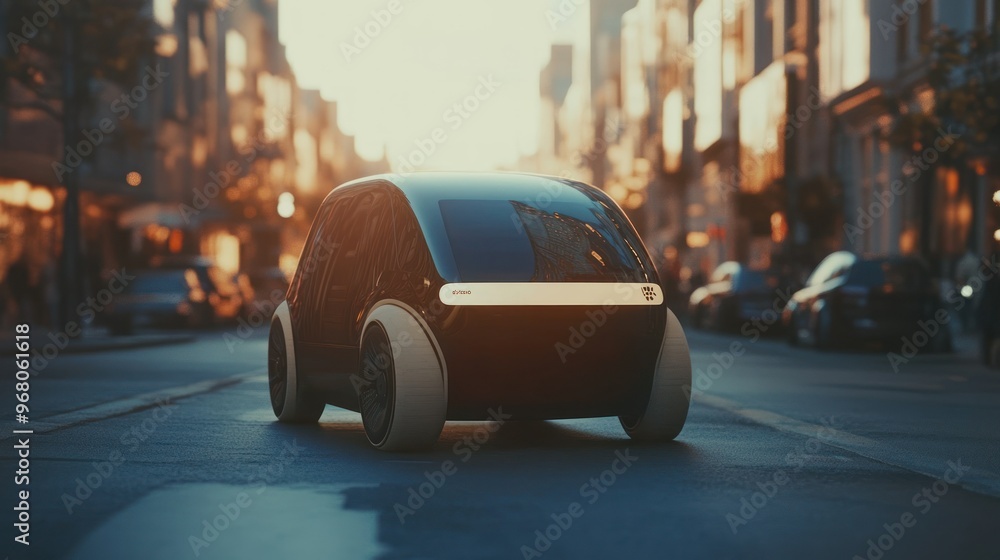 Futuristic Black Car Driving on City Street at Sunset Futuristic Black Car Driving on City Street at Sunset