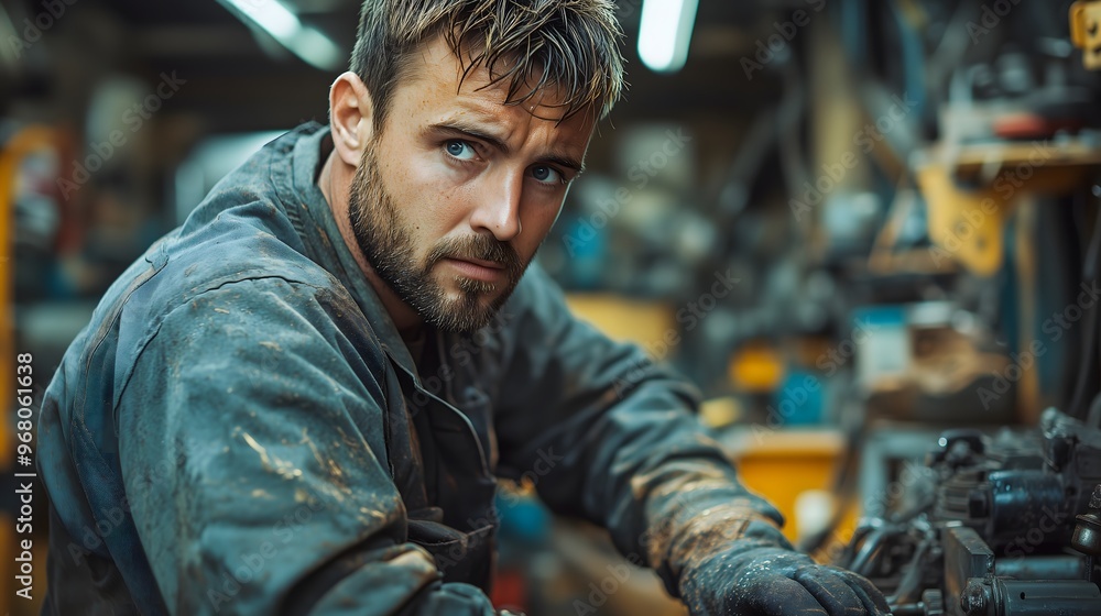 mechanic working diligently on a car in a busy garage. The mechanic is wearing a grease-stained uniform, with tools in hand, focused on fixing mechanic working diligently on a car in a busy garage. The mechanic is wearing a grease-stained uniform, with tools in hand, focused on fixing
