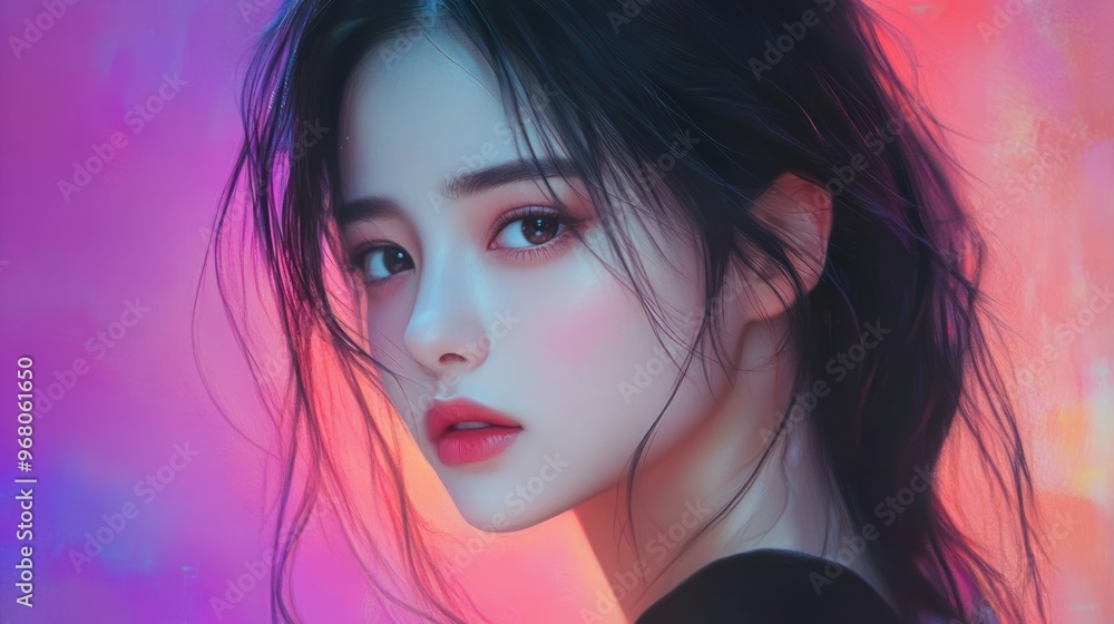 Close-up Portrait of a Woman with Long Dark Hair and Pink and Purple Lighting Close-up Portrait of a Woman with Long Dark Hair and Pink and Purple Lighting