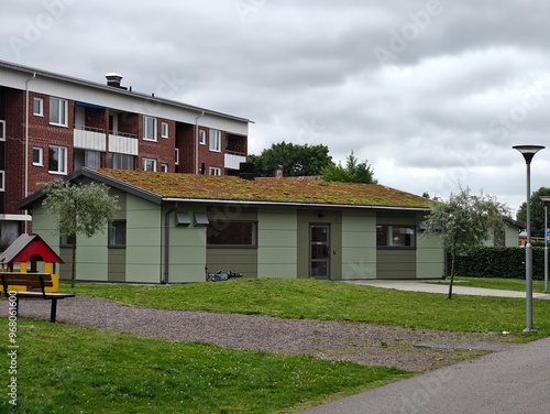 Comfortable and cozy courtyard of a typical residential complex in Sweden