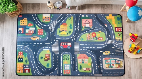 Fototapeta Naklejka Na Ścianę i Meble -  kids city town roads map car play mat printable set rug in digital
