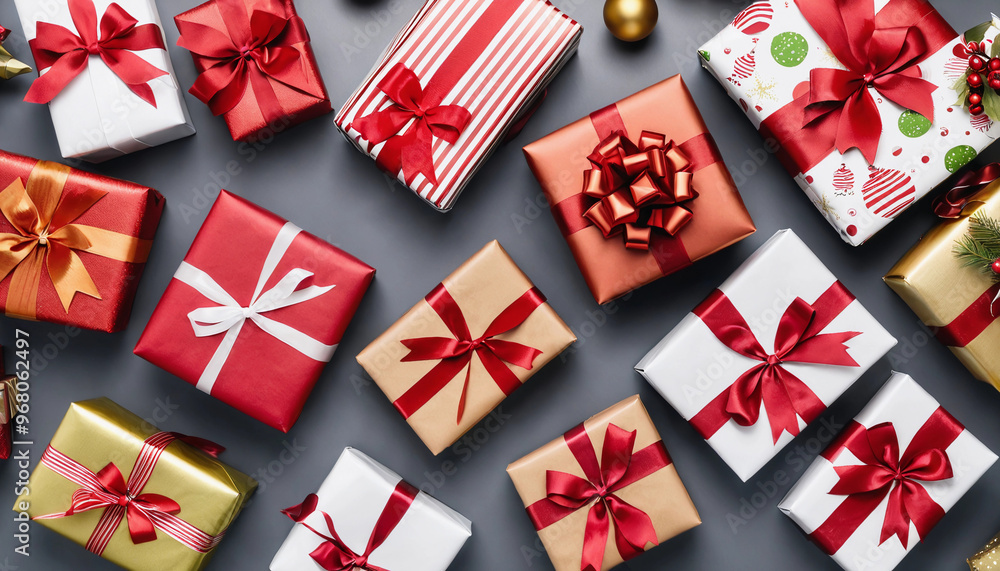 Obraz premium Festively wrapped gifts with ribbons and bows, ready for the holidays.