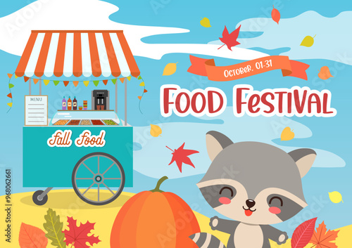 Fall harvest festival cute design with food cart and kawaii raccoon. Cartoon vector design for autumn Thanksgiving card, invitation, banner, flyer ads, animation. Street food fest fall sale promo.