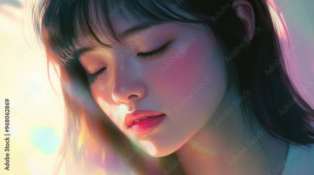 Fototapeta premium Close-up Portrait of a Woman with Closed Eyes and Soft Lighting