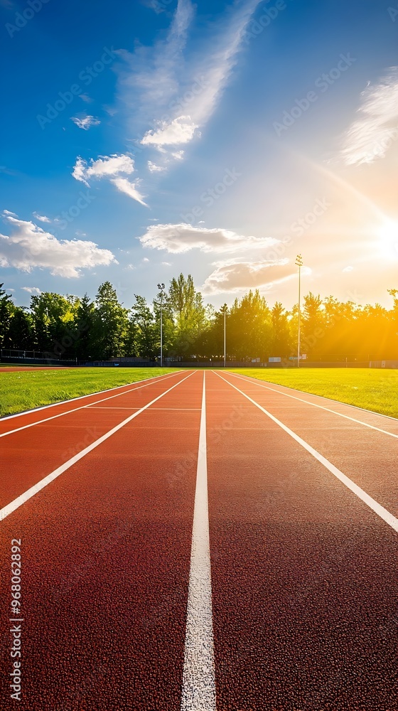 Fototapeta premium A well-maintained running track under sunlight, with vibrant colors and ample copy space for text