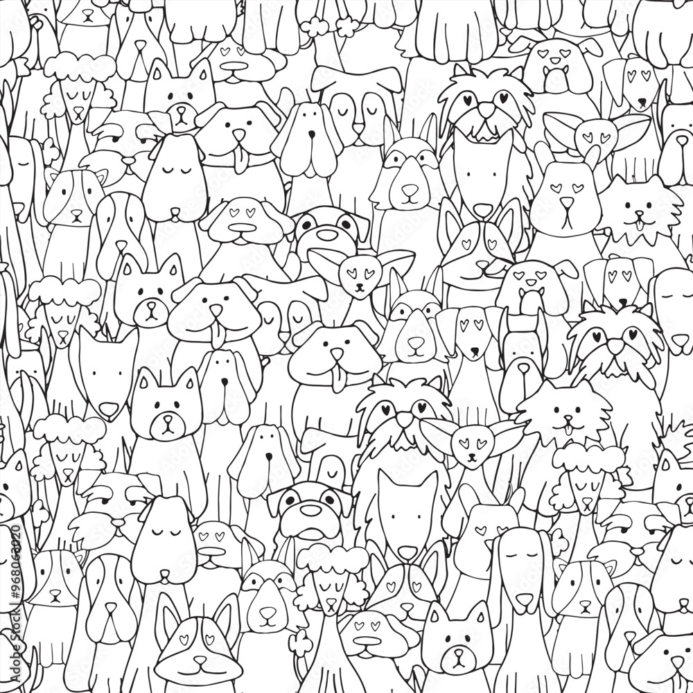 Cute cartoon dogs seamless pattern. Different breeds of dogs on endless canvas for your design. Domestic pets. Vector illustration Cute cartoon dogs seamless pattern. Different breeds of dogs on endless canvas for your design. Domestic pets. Vector illustration