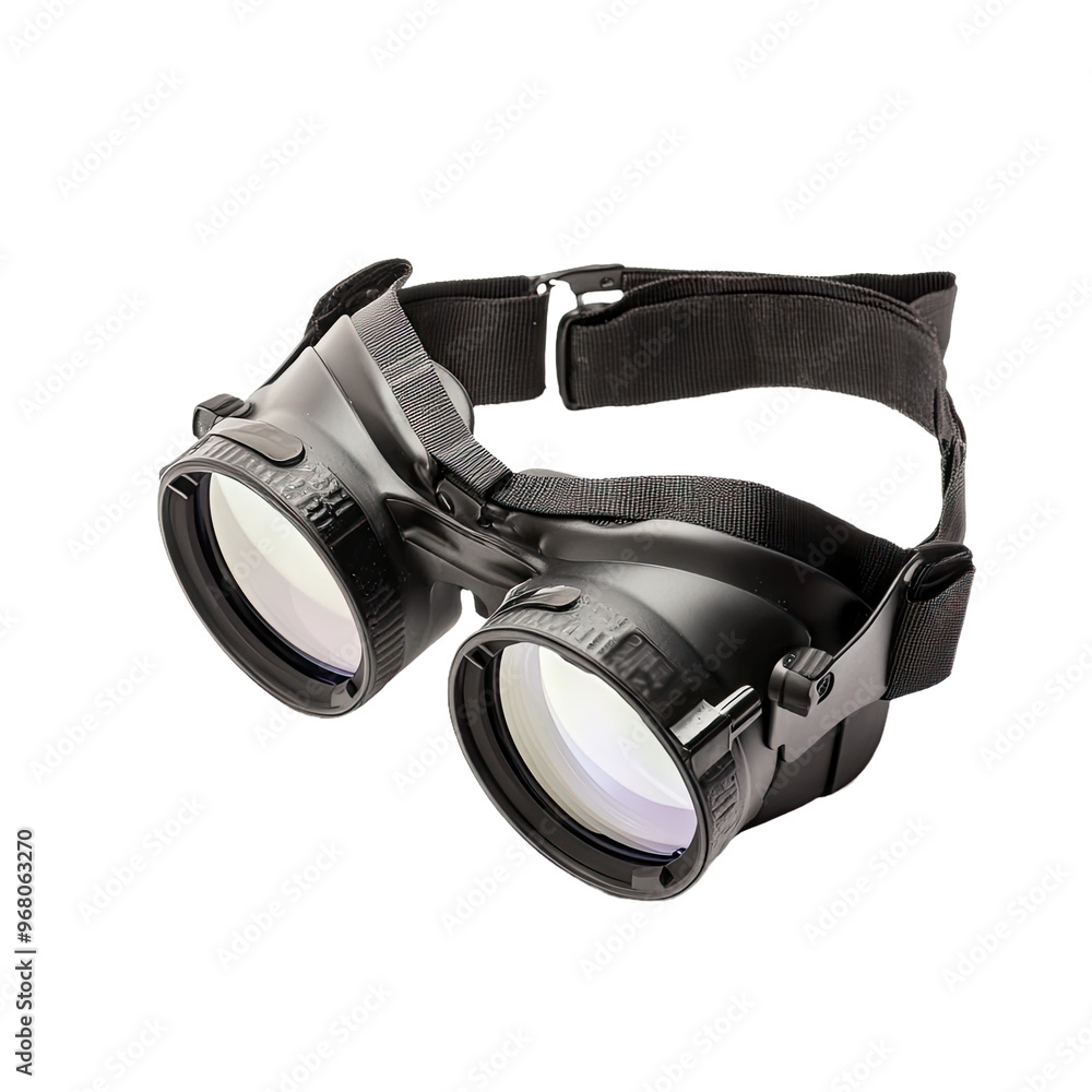 Black binoculars with adjustable strap on a black background. Black binoculars with adjustable strap on a black background.