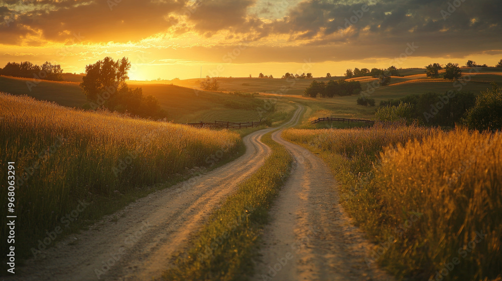 Fototapeta premium A scenic dirt road winds through fields, bathed in the warm glow of a fading sunset.
