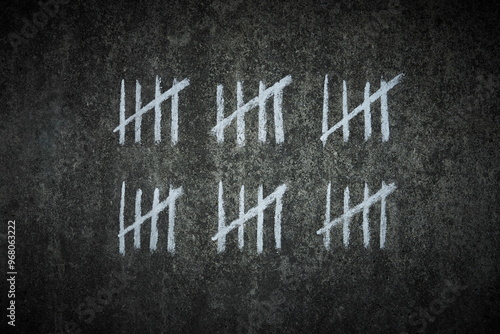 counting days on a concrete wall - handwritten lines of white chalk