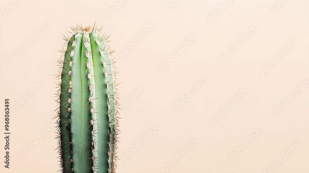 Naklejka premium A tall desert cactus with vibrant green spines against a soft beige background, showcasing intricate details of its texture