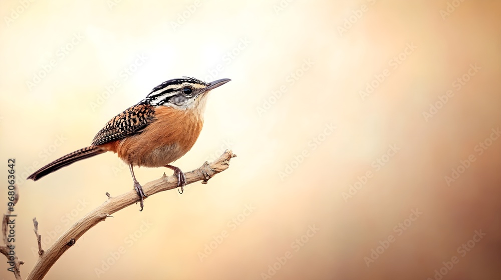 Fototapeta premium A solitary cactus wren perched on a low branch, with a light sandy background emphasizing its vibrant plumage