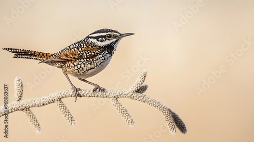 A solitary cactus wren perched on a low branch, with a light sandy background emphasizing its vibrant plumage photo