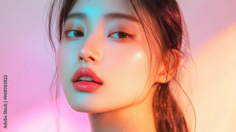 Close-up Portrait of a Young Woman with Neon Lighting Close-up Portrait of a Young Woman with Neon Lighting