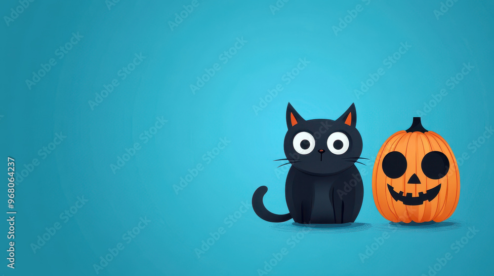 A cute black cat sits beside spooky pumpkin, perfect for Halloween. playful expression adds fun touch to festive atmosphere A cute black cat sits beside spooky pumpkin, perfect for Halloween. playful expression adds fun touch to festive atmosphere