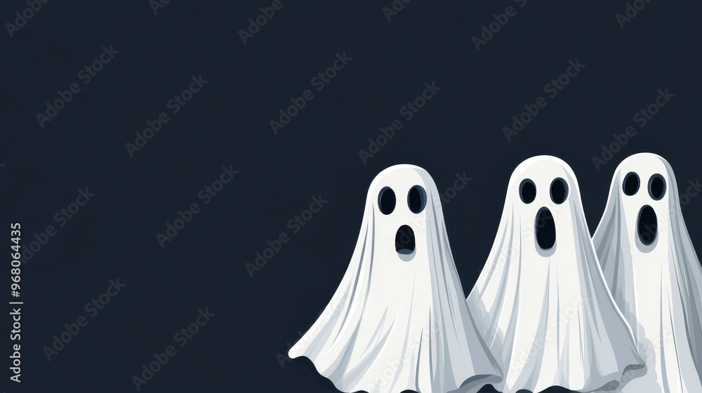 Spooky ghosts in white sheets express surprise and fear, creating playful yet eerie atmosphere. Perfect for Halloween themes and decorations Spooky ghosts in white sheets express surprise and fear, creating playful yet eerie atmosphere. Perfect for Halloween themes and decorations