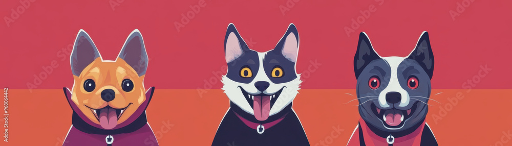 Obraz premium Cute and playful dogs in vibrant colors, showcasing their spooky vampire themed costumes. Their joyful expressions add fun and festive touch to scene