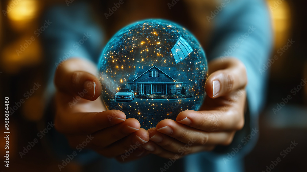Hands holding a sphere with a house inside. Insurance concept. Hands holding a sphere with a house inside. Insurance concept.
