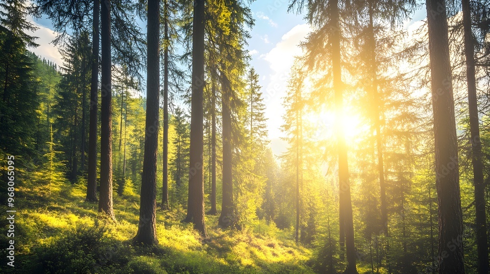 Fototapeta premium A tranquil mountain forest with tall pine trees, dappled sunlight filtering through the branches, and a serene atmosphere