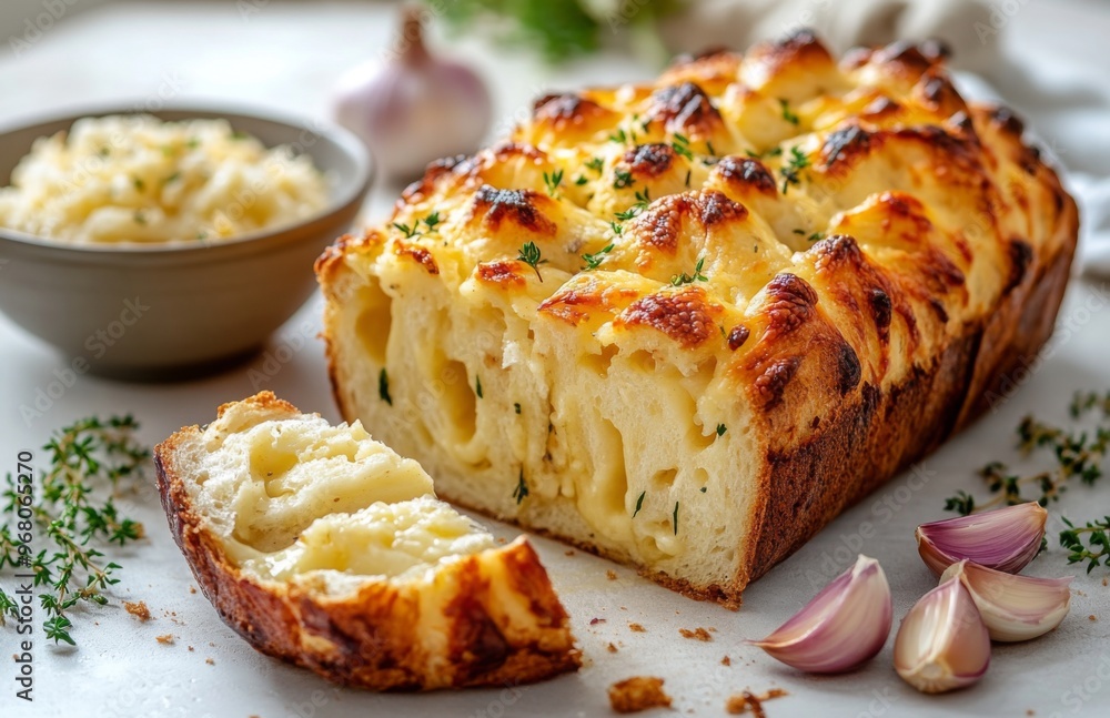 Loaf of garlic and cheese pull-apart bread with melted cheese, fluffy texture, and crispy golden crust Loaf of garlic and cheese pull-apart bread with melted cheese, fluffy texture, and crispy golden crust