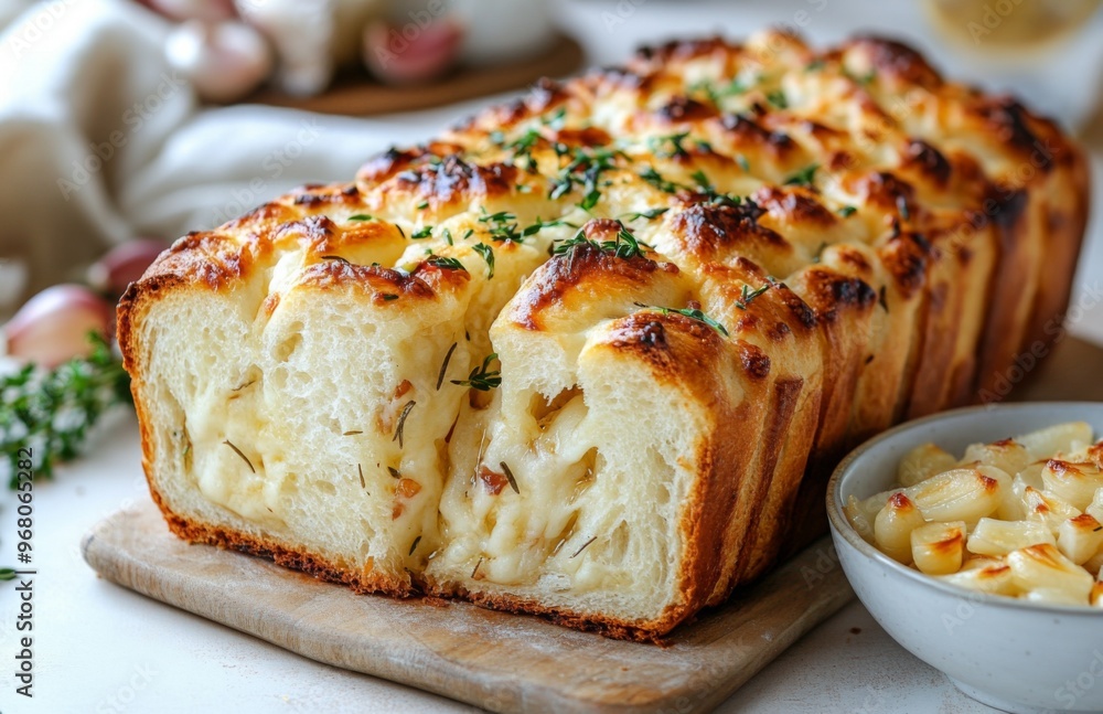 Loaf of garlic and cheese pull-apart bread with melted cheese, fluffy texture, and crispy golden crust Loaf of garlic and cheese pull-apart bread with melted cheese, fluffy texture, and crispy golden crust