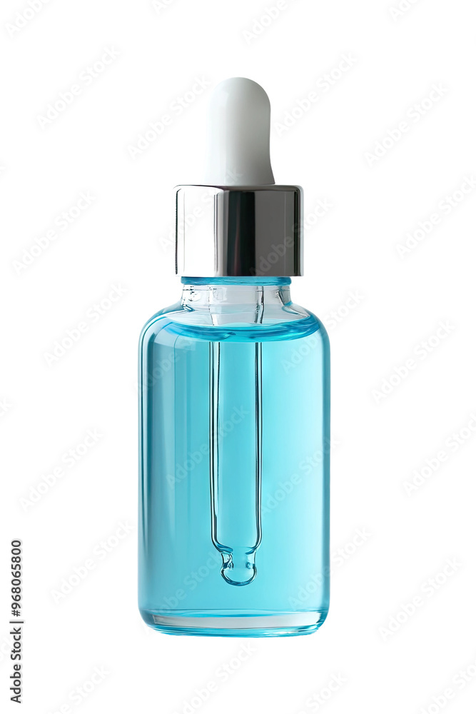 A glass dropper bottle filled with a clear blue liquid, perfect for showcasing essential oils or serums. A glass dropper bottle filled with a clear blue liquid, perfect for showcasing essential oils or serums.