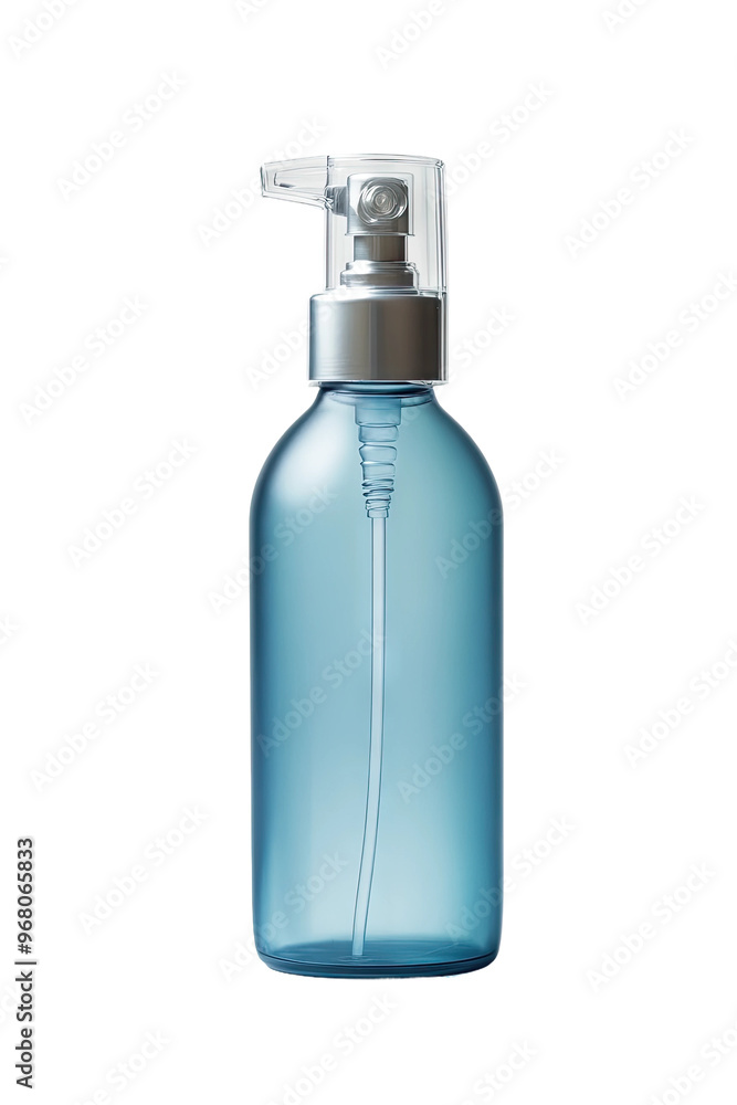 A blue glass bottle with a silver pump top. Perfect for storing your favorite liquids. A blue glass bottle with a silver pump top. Perfect for storing your favorite liquids.
