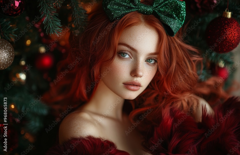 Beautiful red haired woman in festive puffy dress with green bow, Christmas tree background Beautiful red haired woman in festive puffy dress with green bow, Christmas tree background
