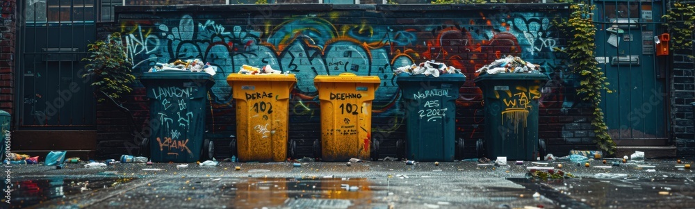 Obraz premium A yellow trash can sitting in front of a building
