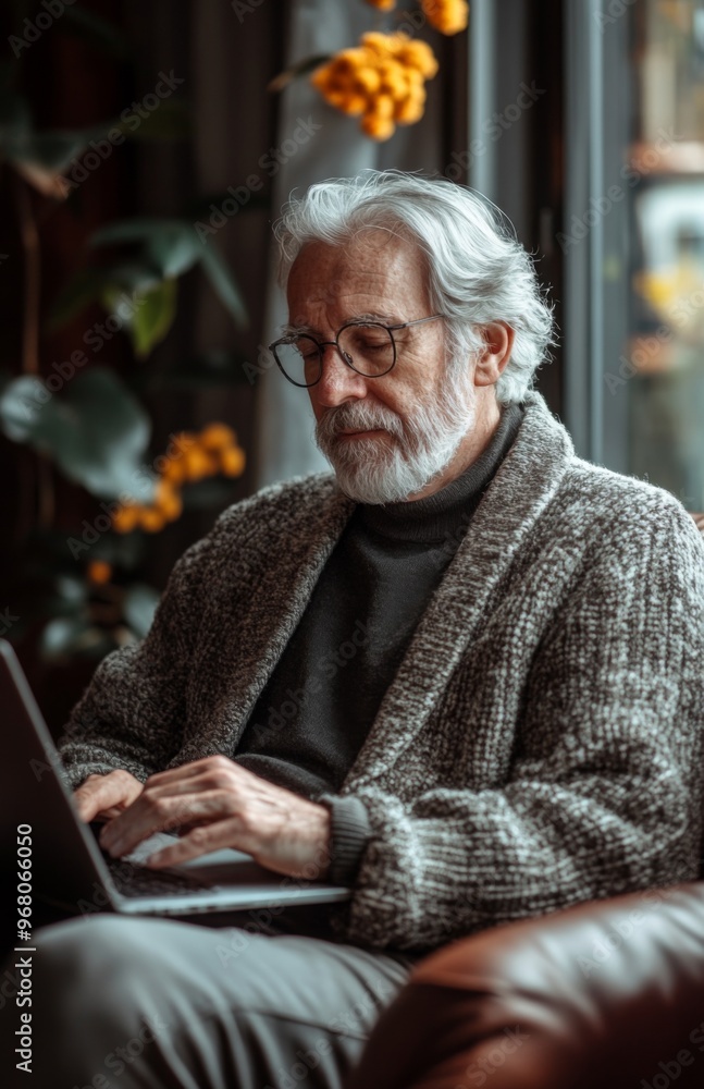 Elderly man using a laptop in home office, working online, focused and relaxed concept Elderly man using a laptop in home office, working online, focused and relaxed concept