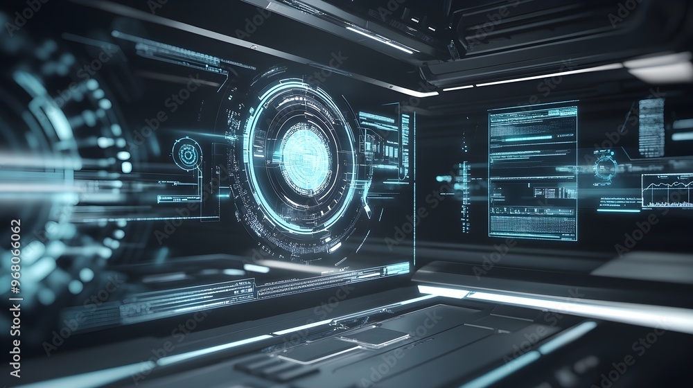 A conceptual representation of advanced technology with holographic displays and digital interfaces in a minimalistic environment A conceptual representation of advanced technology with holographic displays and digital interfaces in a minimalistic environment