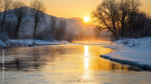 winter landscape during golden hour, river is gently flowing with reflection of the sun in water, some trees are standing on the riverbanks, in the background some mountains are visible. soft light, s photo