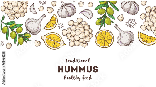 Hummus packaging design template. Cooking and ingredients for hummus. Sketch illustration. Middle eastern cuisine frame. Healthy food recipe, design elements. Hand drawn, package design.	
