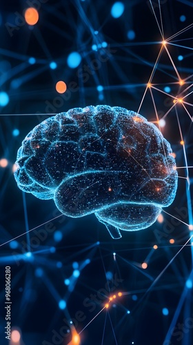 An abstract depiction of a human brain integrated with artificial intelligence elements, symbolizing the future of human cognition