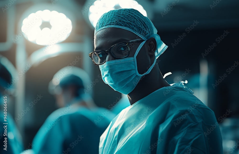 Doctor performs emergency surgery in operating room, wearing surgical attire and protective glasses Doctor performs emergency surgery in operating room, wearing surgical attire and protective glasses